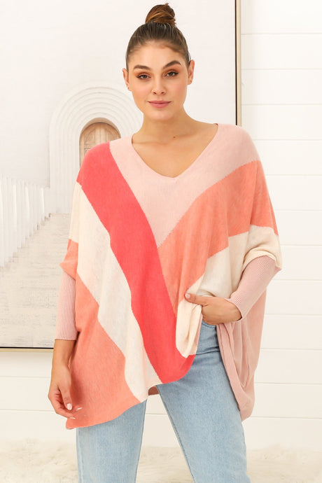 Bless Jumper - Colour Block Oversized Batwing Sleeve Jumper in Pink