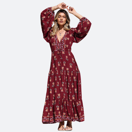 Model wears a bohemian maxi dress