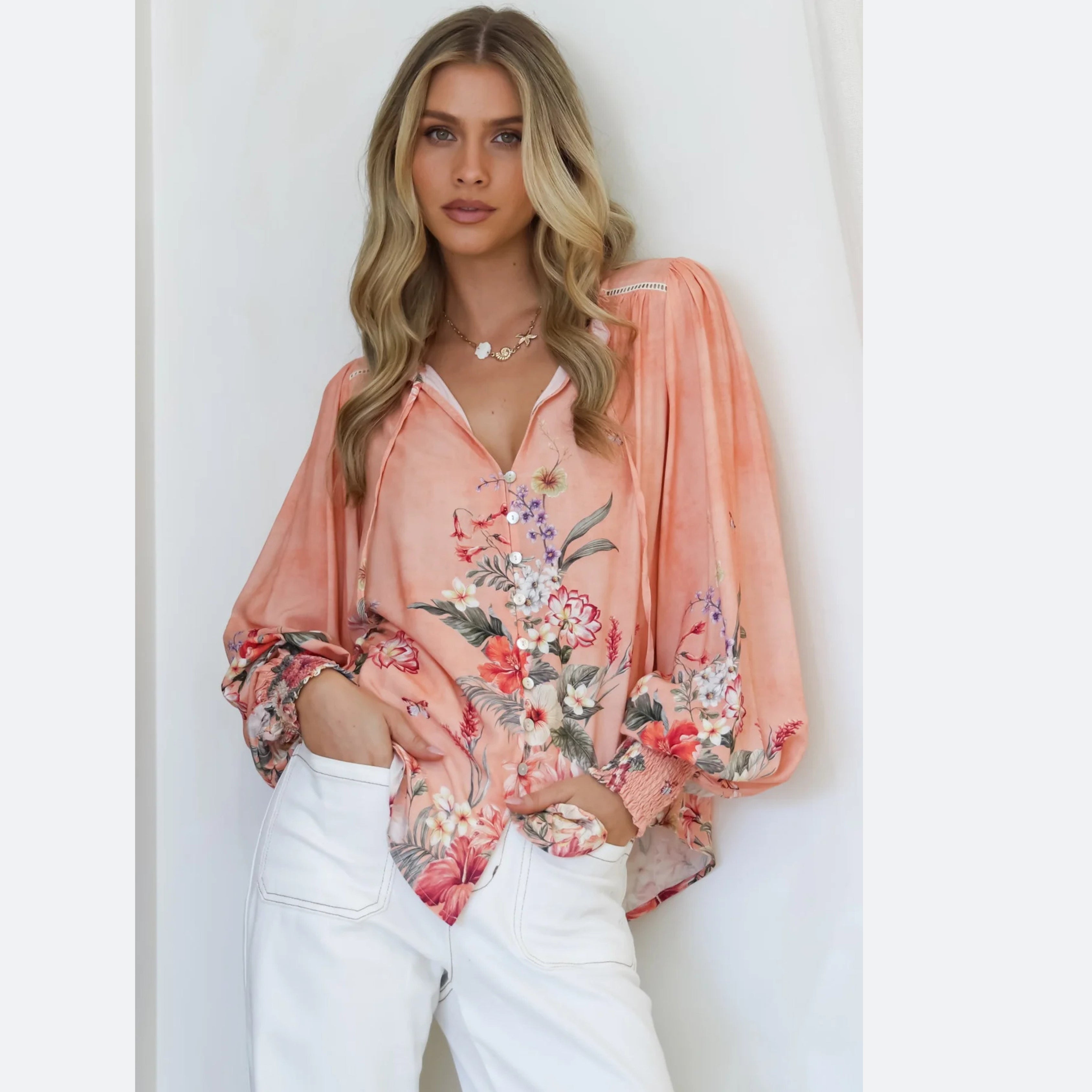 Feminine Blouses: Cecilia Blouse - Tiana Print Pink | salty crush
