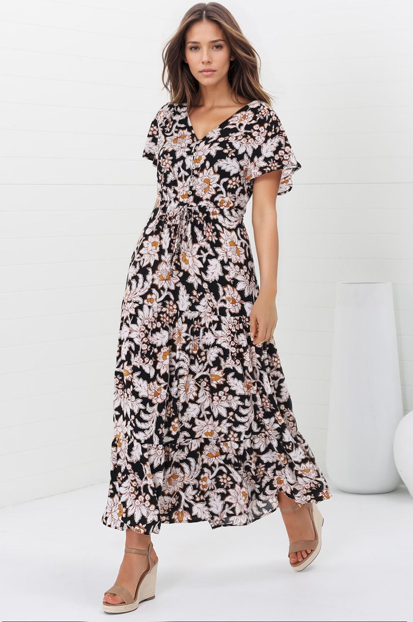 Hanna Maxi Dress - Cap Sleeve Tiered A Line Dress with Toggle Detailed Waist Tie in Torah Print