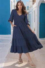 Lellah Midi Dress - Shirred Bodice Soft V Neck Tiered Dress in Navy