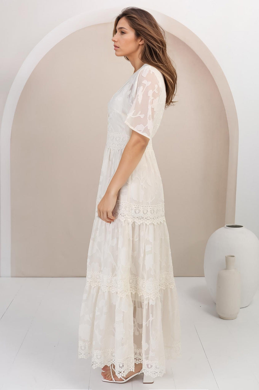 Madeline Maxi Dress - Lace Trim Embroidered A Line Dress in Cream