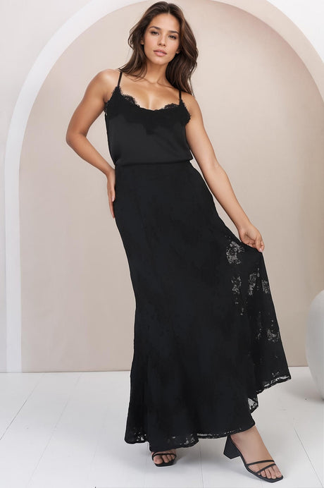 Jessica Maxi Skirt - Lace Overlay Mermaid Maxi Skirt in Black