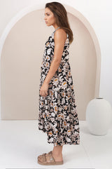 Acelle Midi Dress - Sleeveless Bermuda Collar Button Down Dress in Torah Print