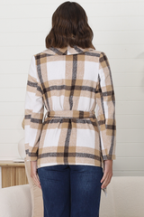 Clooney Coat - Checkered Collared Coat with Matching Belt in Beige