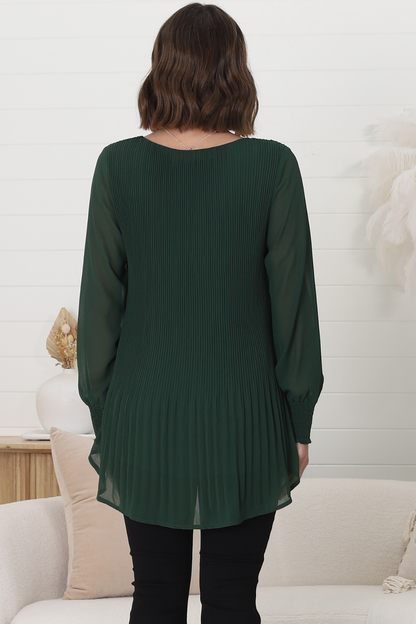 Kayt Blouse - Plisse Long Sleeve Top with High-Low Hemline in Green