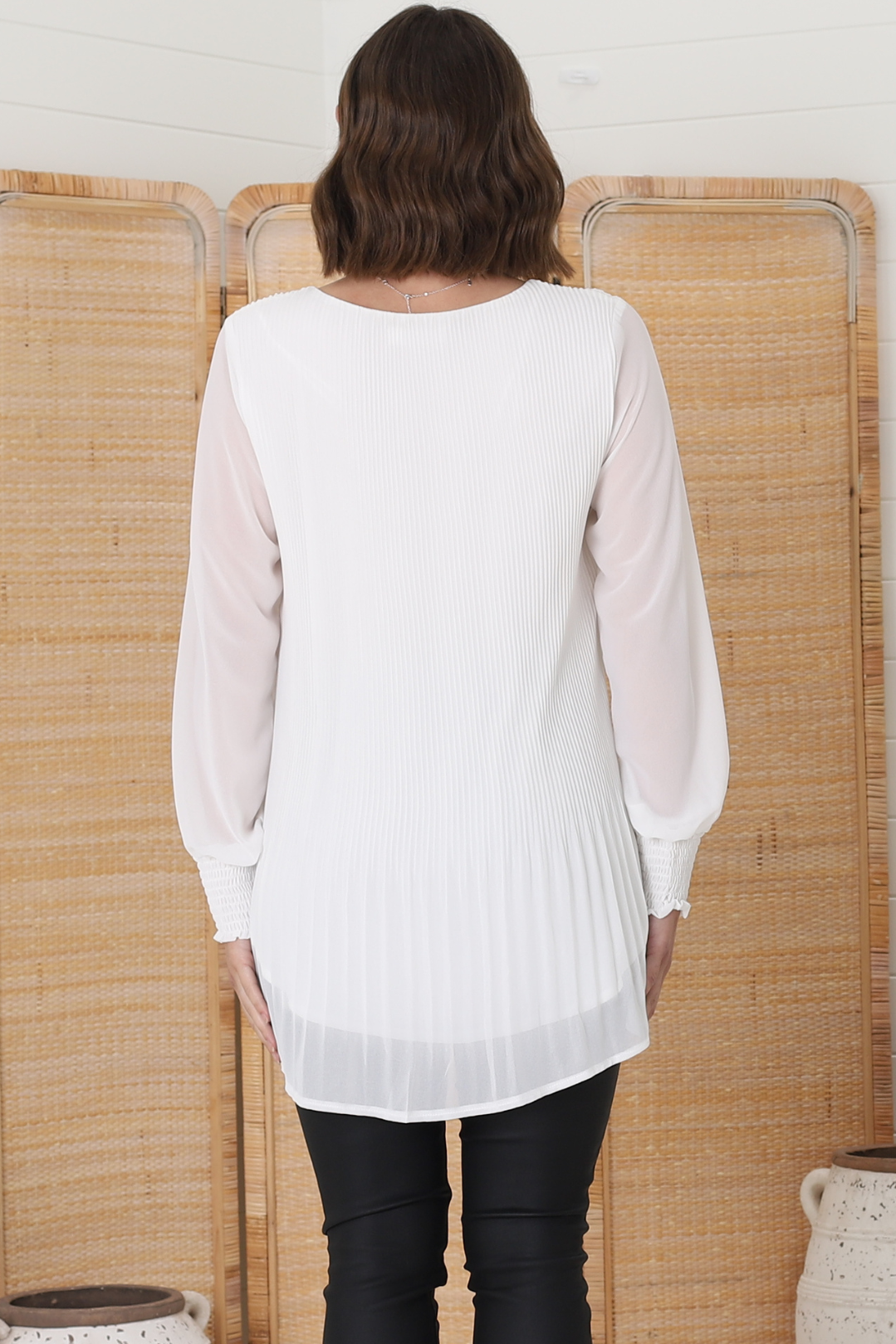 Kayt Blouse - Plisse Long Sleeve Top with High-Low Hemline in White