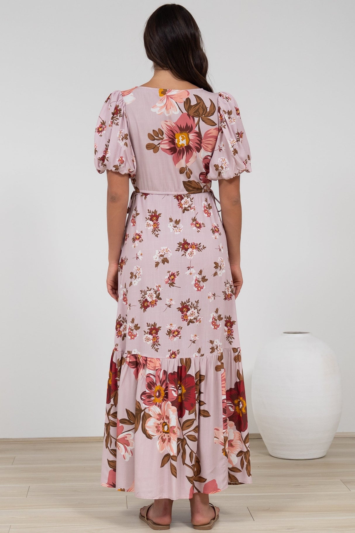 Camilla Maxi Dress - V-Neck Pull Tie Short Sleeve Dress in First Blush Print