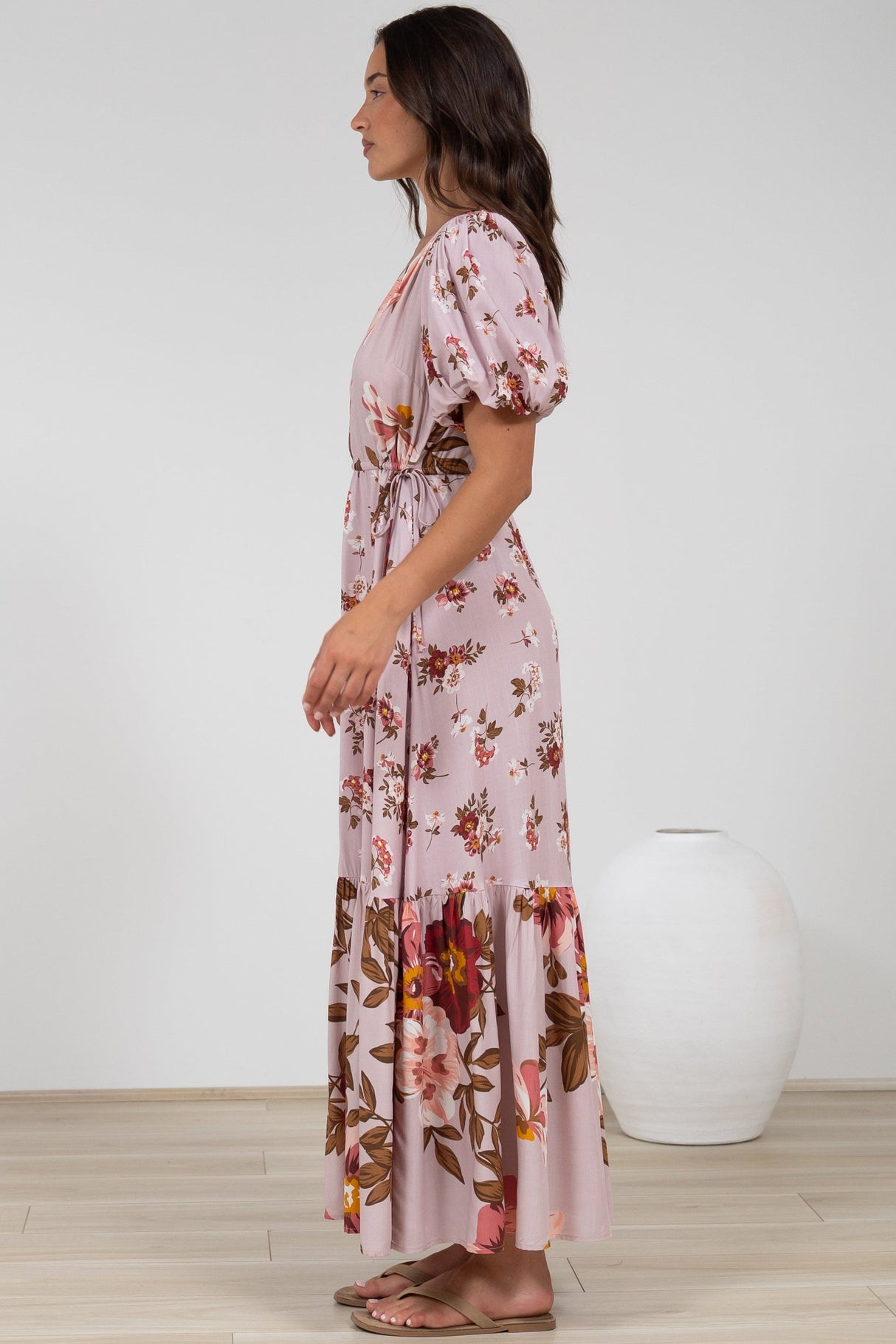 Camilla Maxi Dress - V-Neck Pull Tie Short Sleeve Dress in First Blush Print
