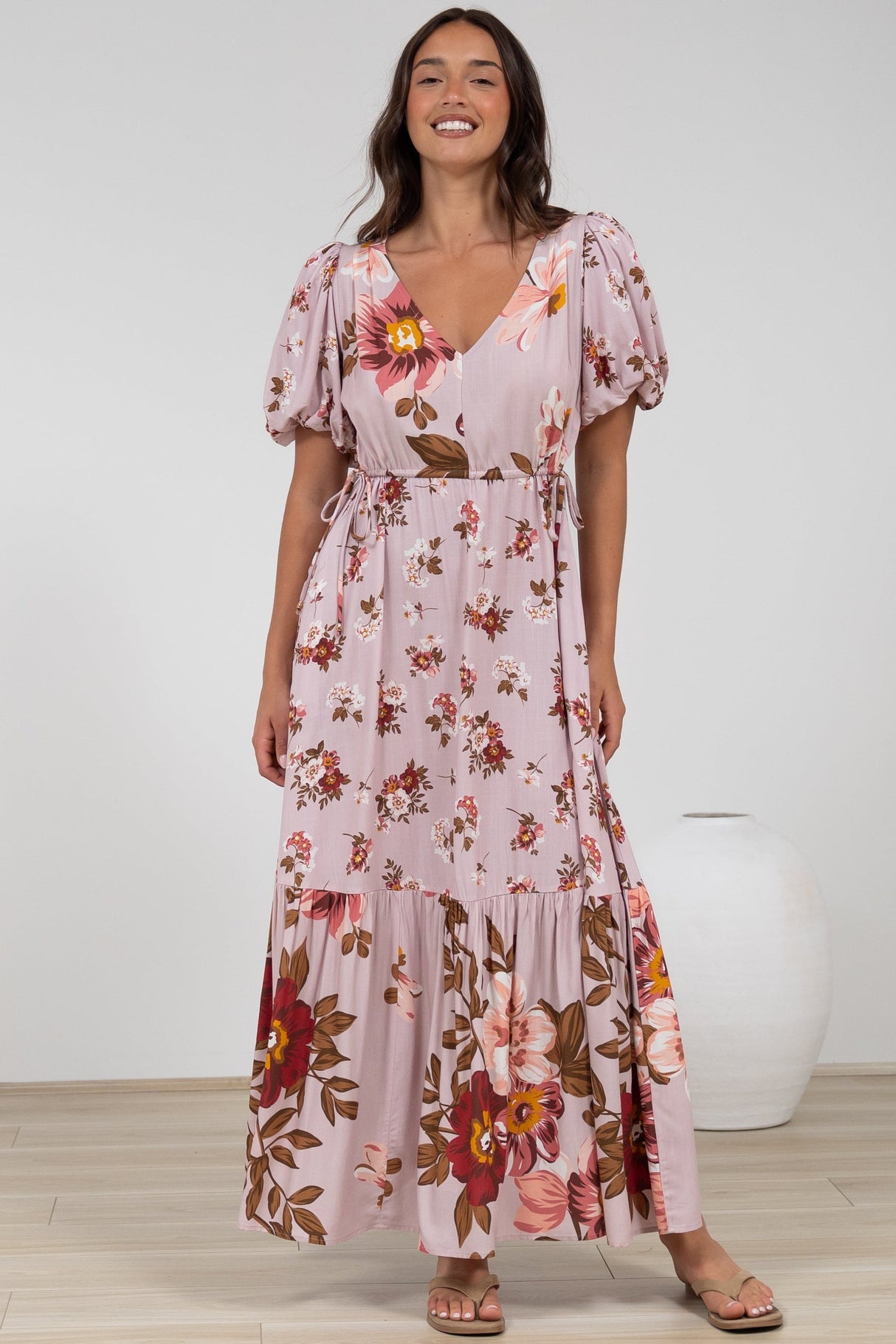 Camilla Maxi Dress - V-Neck Pull Tie Short Sleeve Dress in First Blush Print