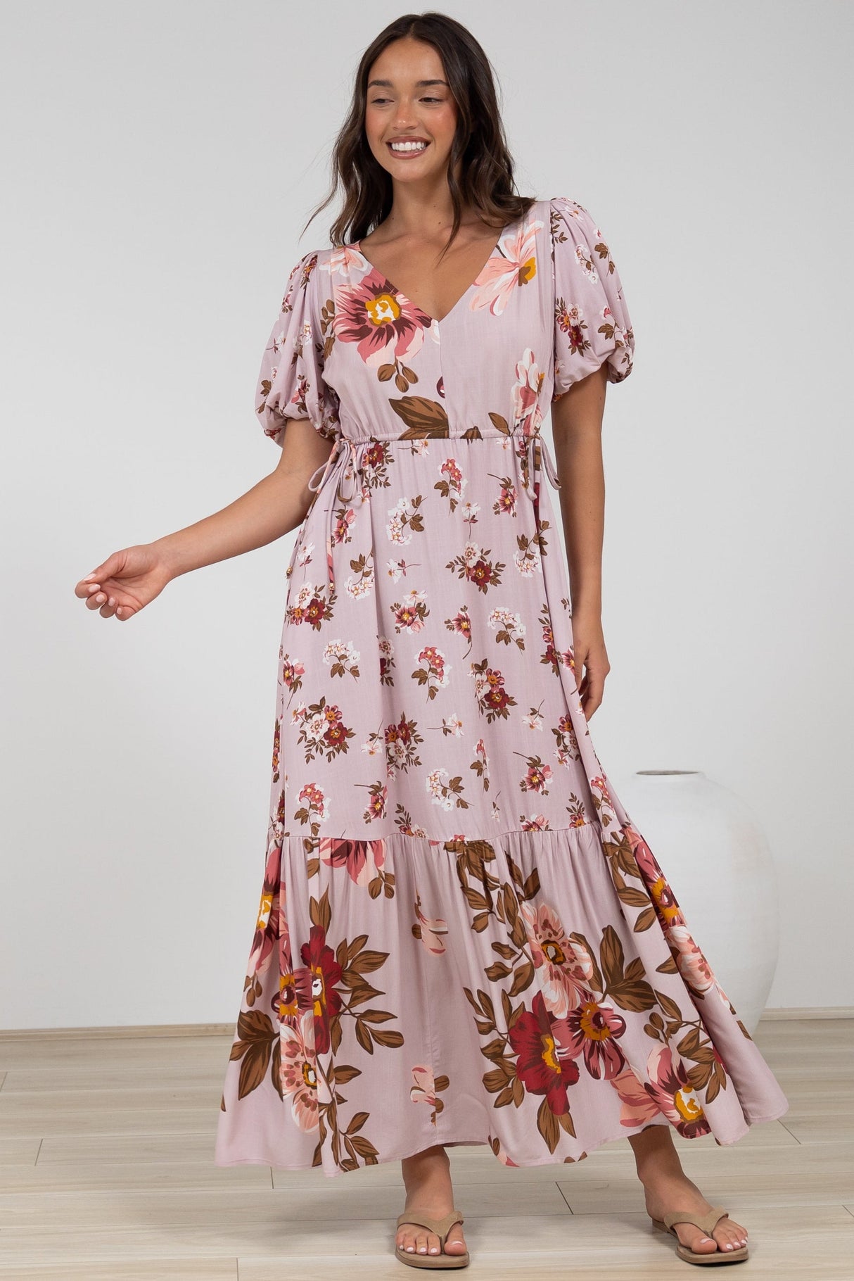 Camilla Maxi Dress - V-Neck Pull Tie Short Sleeve Dress in First Blush Print