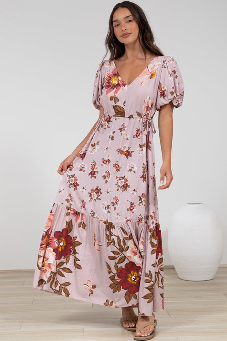 Camilla Maxi Dress - V-Neck Pull Tie Short Sleeve Dress in First Blush Print