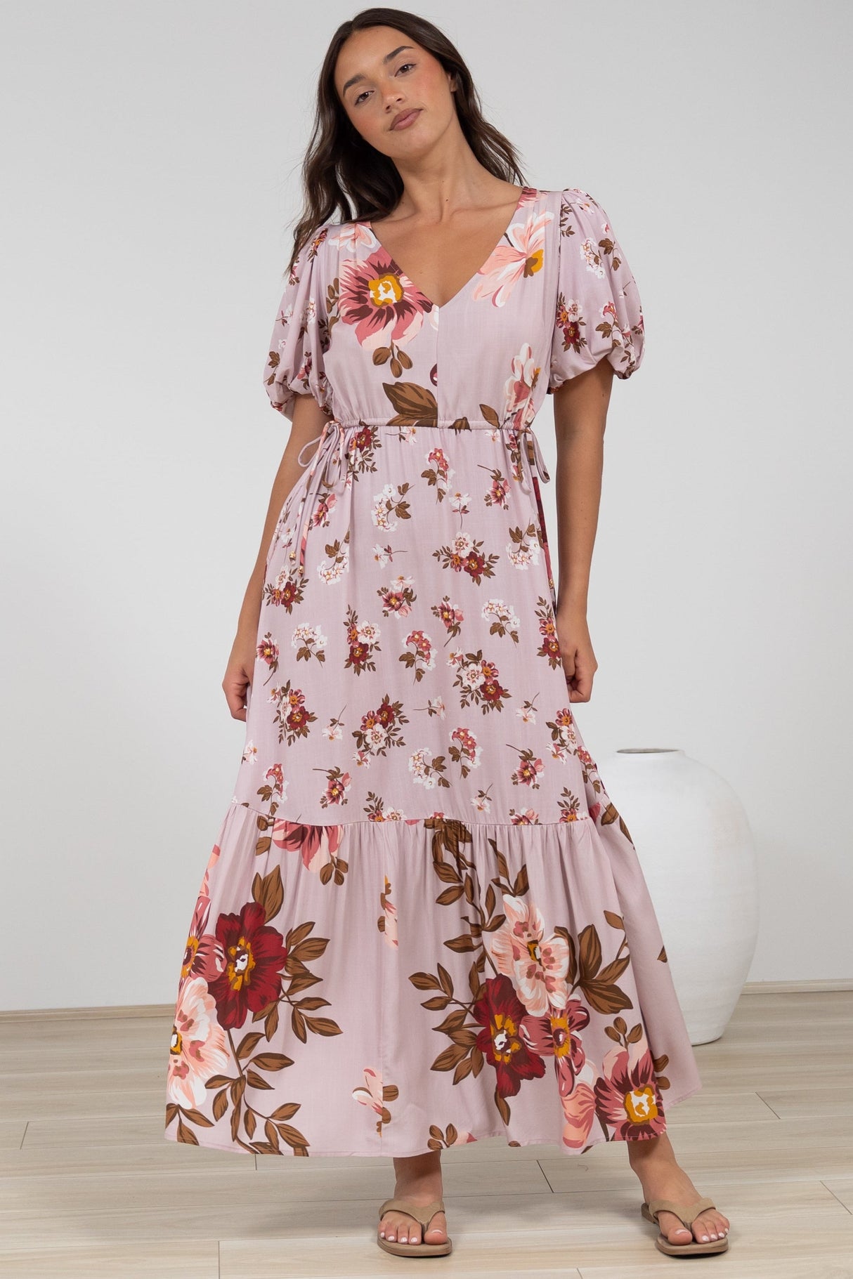 Camilla Maxi Dress - V-Neck Pull Tie Short Sleeve Dress in First Blush Print