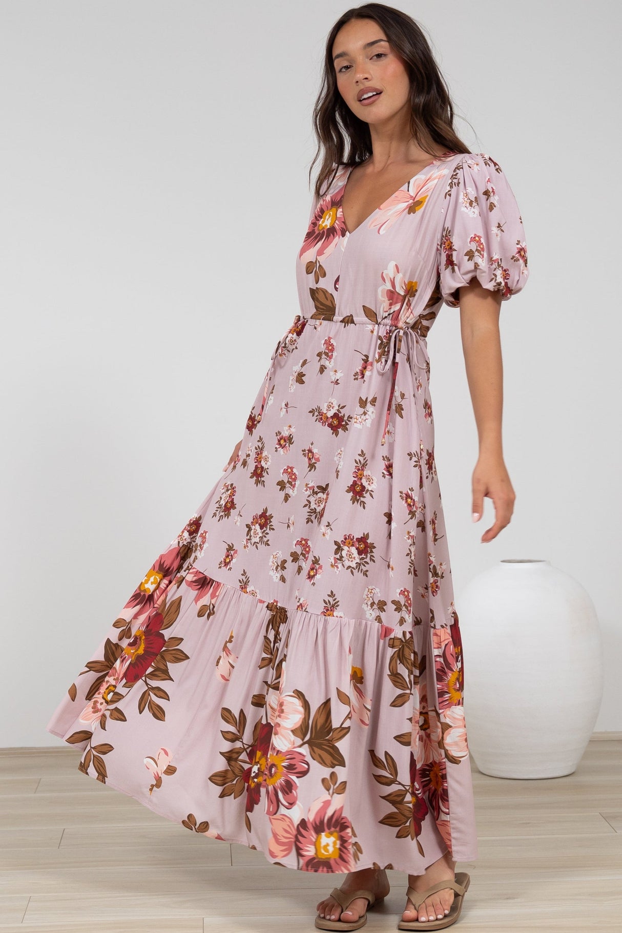 Camilla Maxi Dress - V-Neck Pull Tie Short Sleeve Dress in First Blush Print