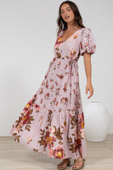 Camilla Maxi Dress - V-Neck Pull Tie Short Sleeve Dress in First Blush Print