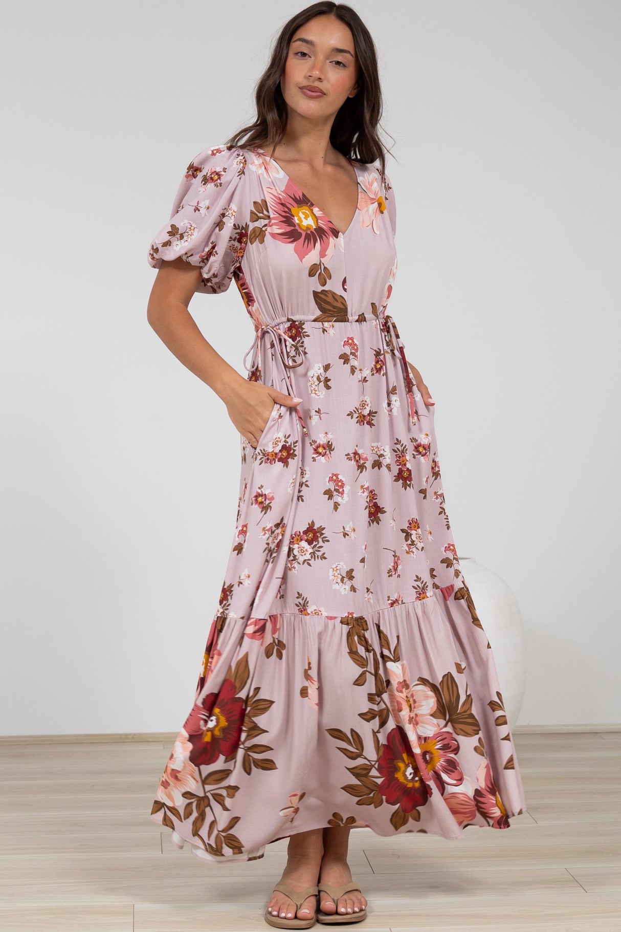 Camilla Maxi Dress - V-Neck Pull Tie Short Sleeve Dress in First Blush Print