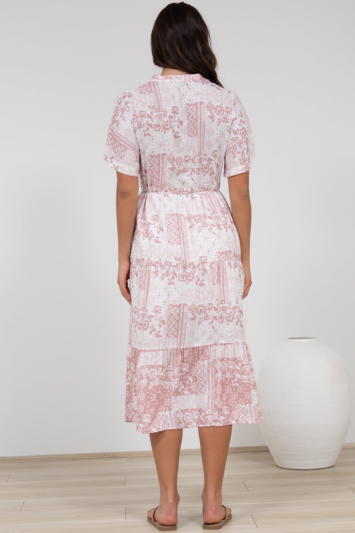 Sharni Midi Dress - V-Neck Shift Dress with Waist Tie in Hilton Print Pink