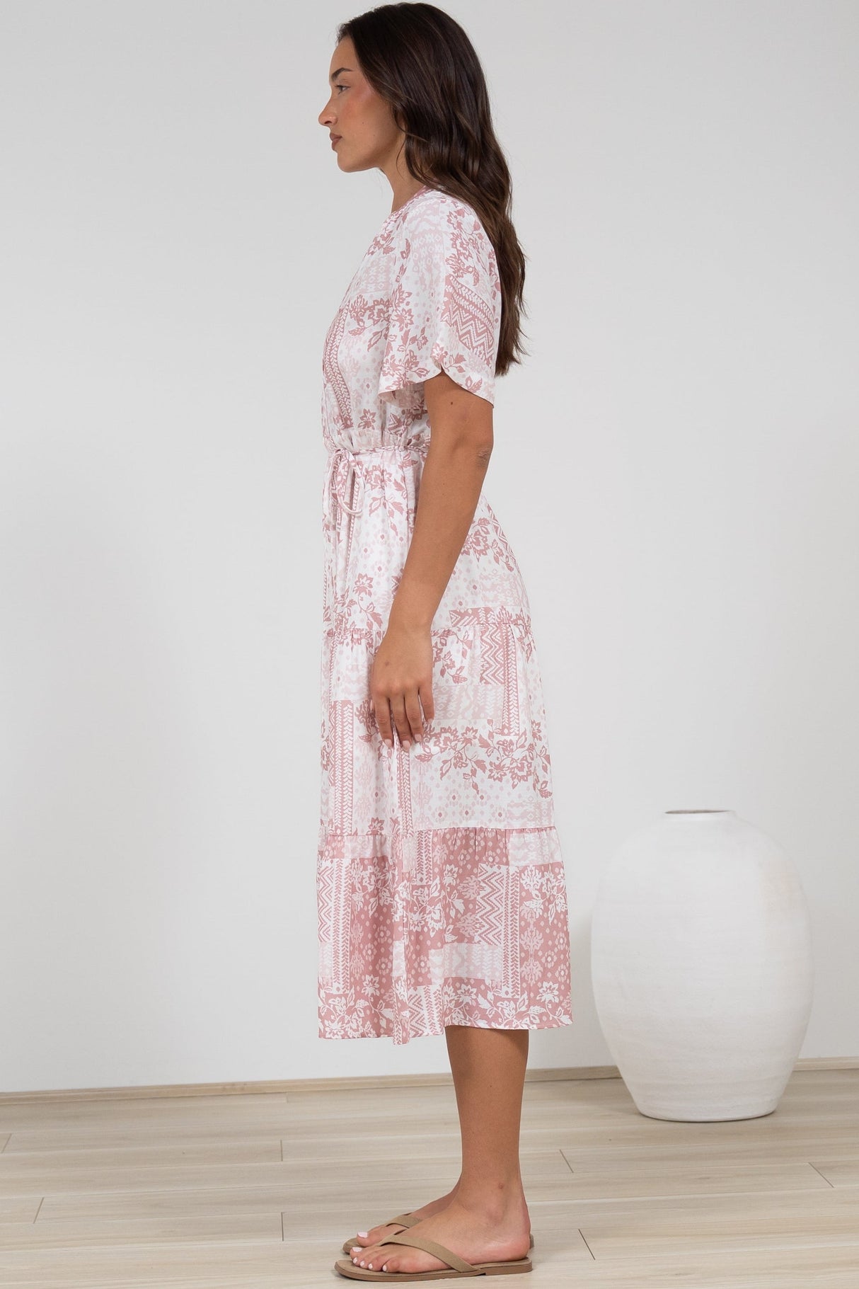 Sharni Midi Dress - V-Neck Shift Dress with Waist Tie in Hilton Print Pink