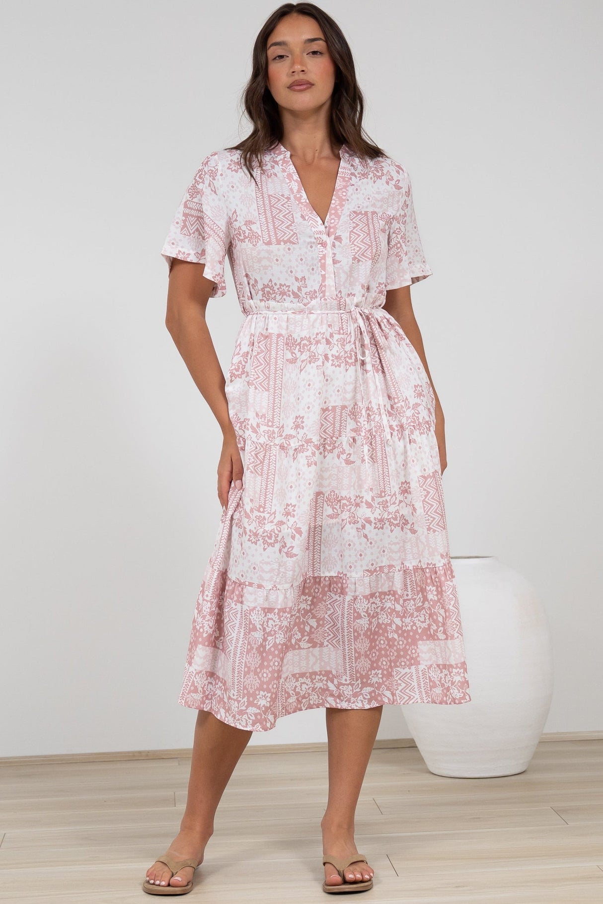 Sharni Midi Dress - V-Neck Shift Dress with Waist Tie in Hilton Print Pink