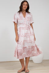 Sharni Midi Dress - V-Neck Shift Dress with Waist Tie in Hilton Print Pink