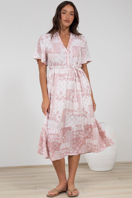 Sharni Midi Dress - V-Neck Shift Dress with Waist Tie in Hilton Print Pink
