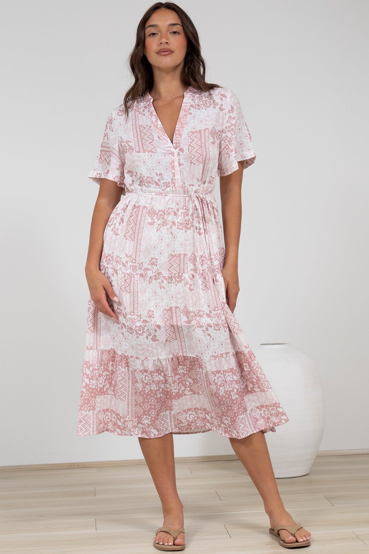 Sharni Midi Dress - V-Neck Shift Dress with Waist Tie in Hilton Print Pink