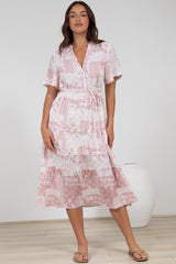 Sharni Midi Dress - V-Neck Shift Dress with Waist Tie in Hilton Print Pink