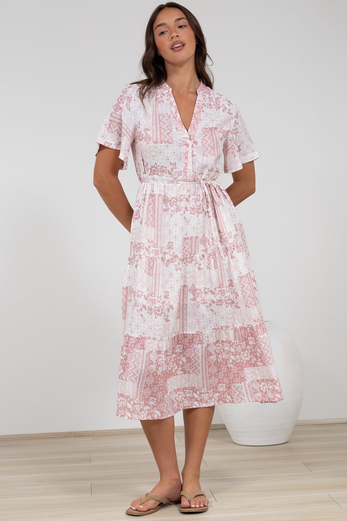 Sharni Midi Dress - V-Neck Shift Dress with Waist Tie in Hilton Print Pink