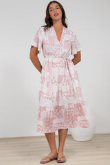 Sharni Midi Dress - V-Neck Shift Dress with Waist Tie in Hilton Print Pink