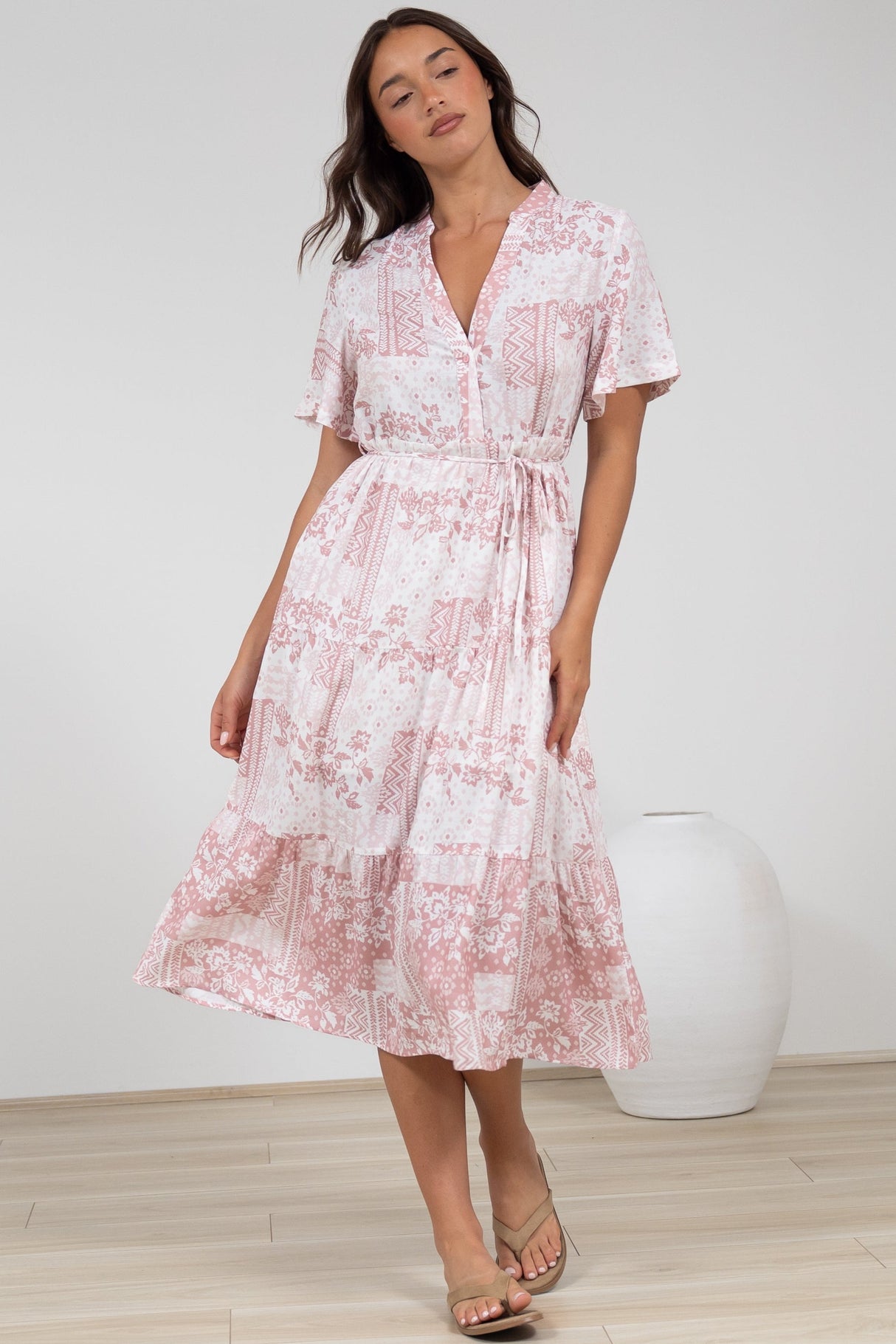 Sharni Midi Dress - V-Neck Shift Dress with Waist Tie in Hilton Print Pink