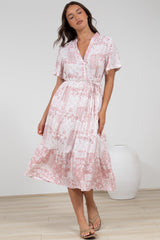 Sharni Midi Dress - V-Neck Shift Dress with Waist Tie in Hilton Print Pink