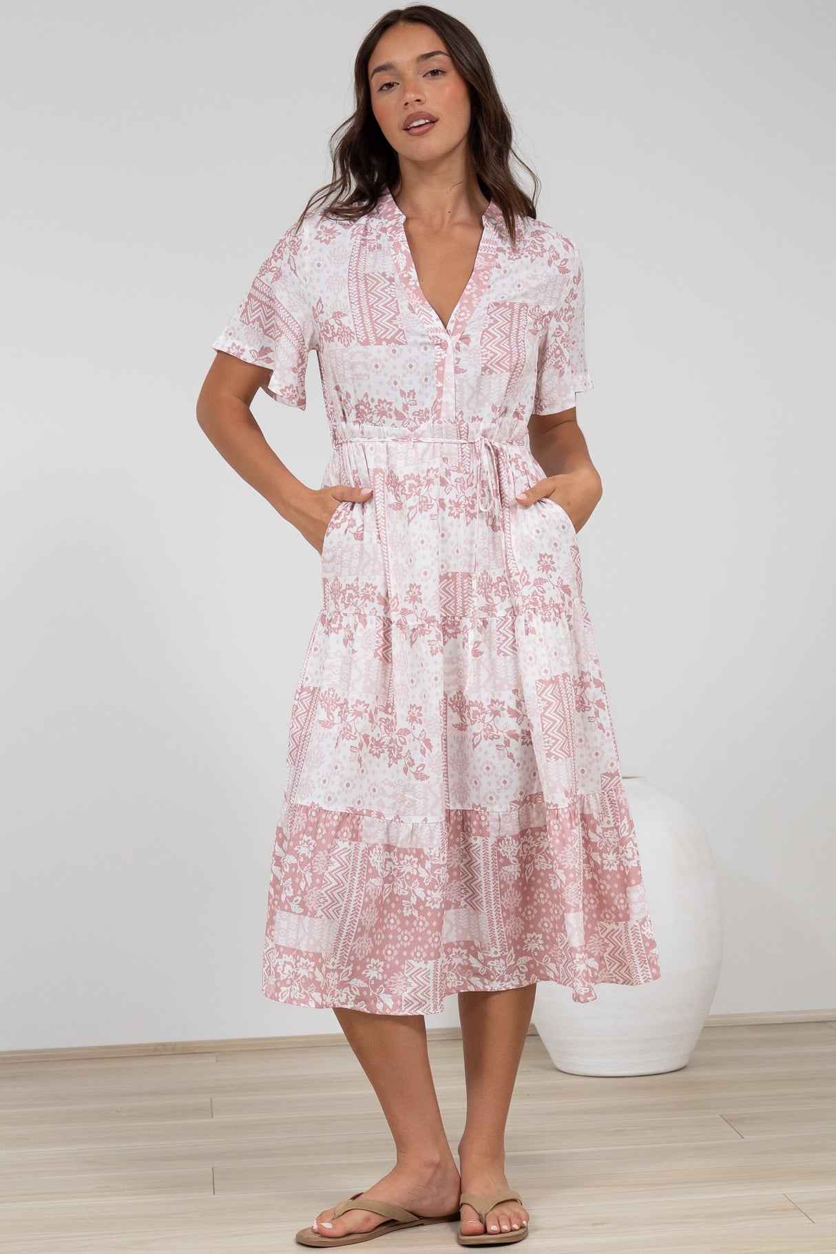 Sharni Midi Dress - V-Neck Shift Dress with Waist Tie in Hilton Print Pink
