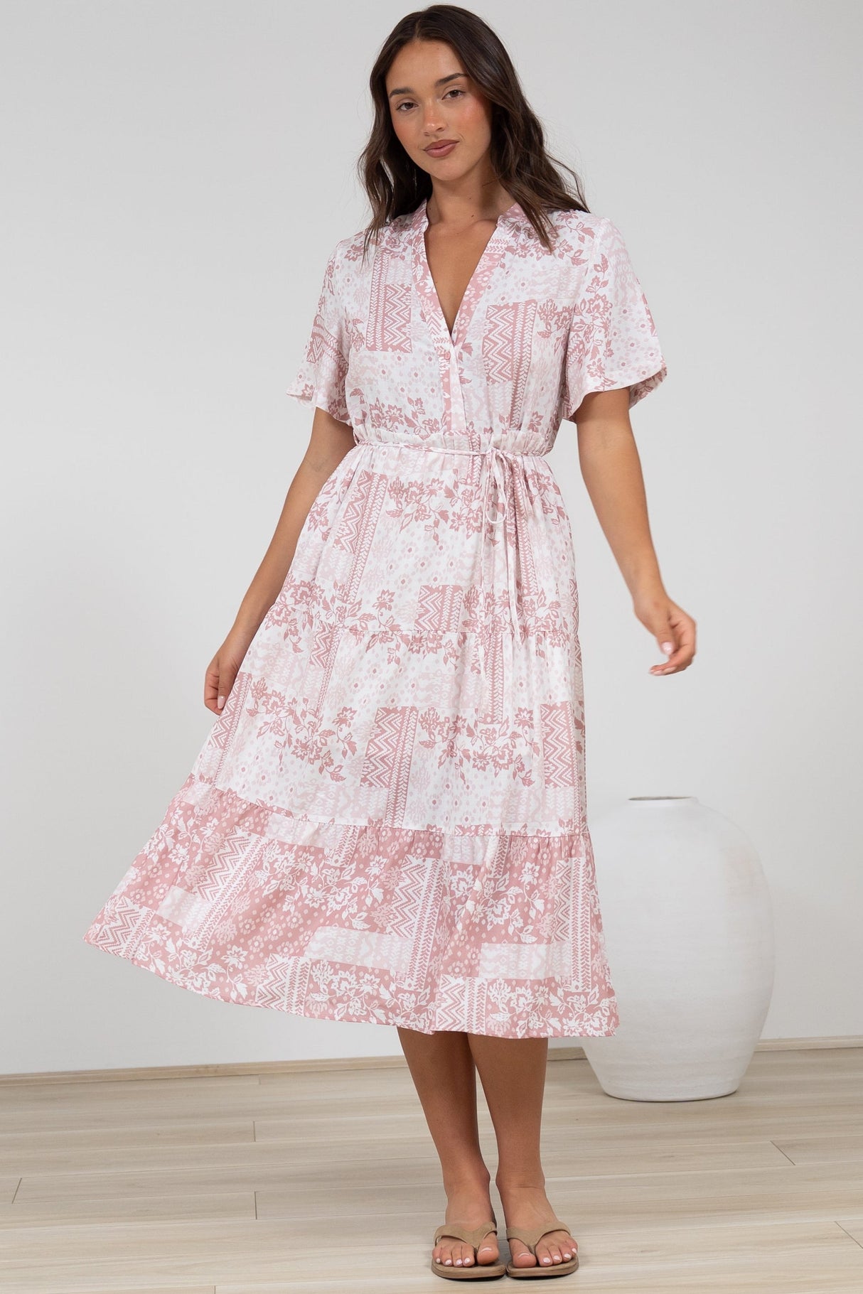 Sharni Midi Dress - V-Neck Shift Dress with Waist Tie in Hilton Print Pink