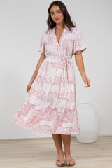Sharni Midi Dress - V-Neck Shift Dress with Waist Tie in Hilton Print Pink