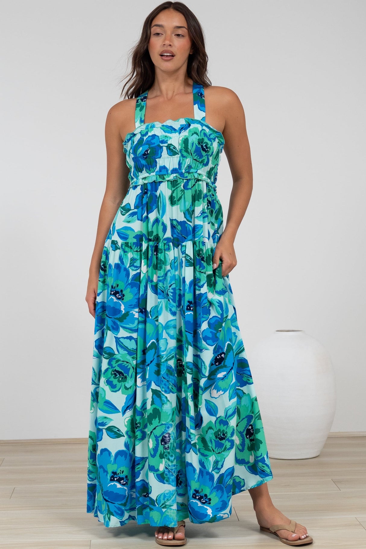 Laurita Maxi Dress - Adjustable Strap Elasticated Bodice Sun Dress in Melly Print