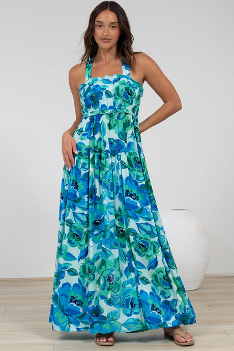 Laurita Maxi Dress - Adjustable Strap Elasticated Bodice Sun Dress in Melly Print