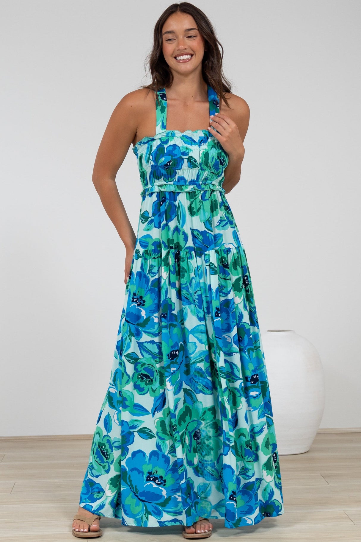 Laurita Maxi Dress - Adjustable Strap Elasticated Bodice Sun Dress in Melly Print