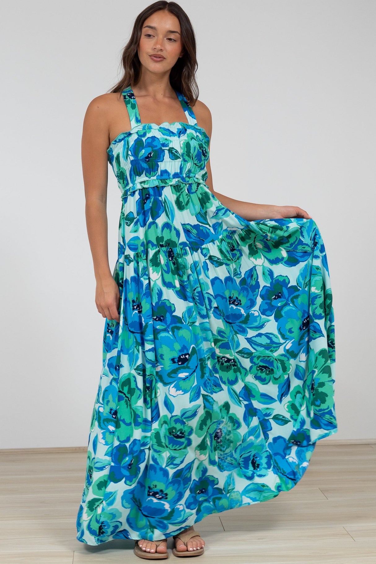 Laurita Maxi Dress - Adjustable Strap Elasticated Bodice Sun Dress in Melly Print