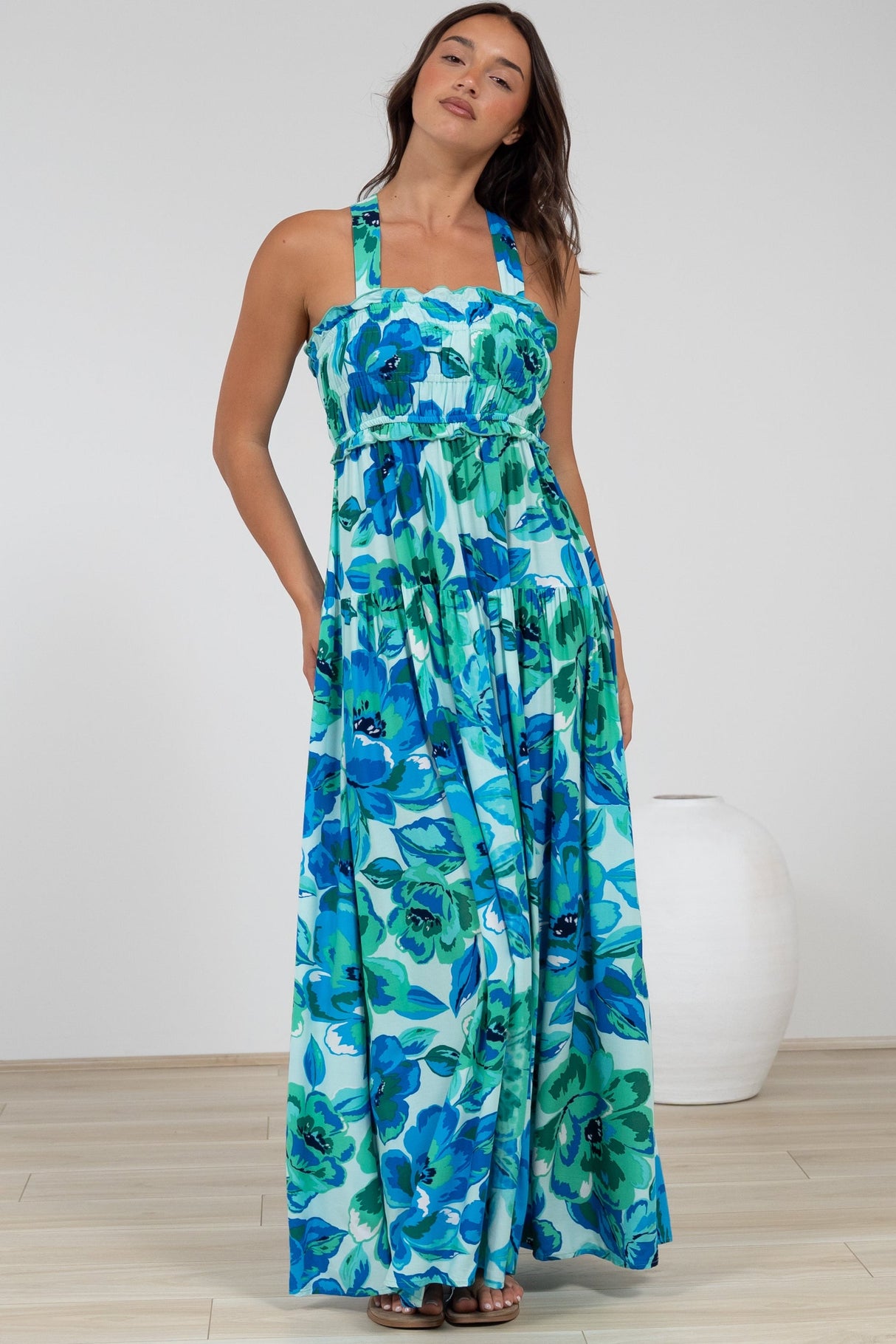 Laurita Maxi Dress - Adjustable Strap Elasticated Bodice Sun Dress in Melly Print