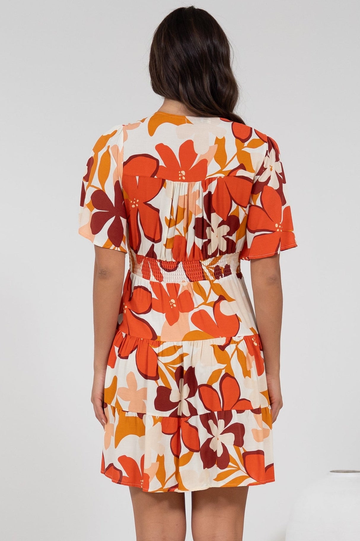 Sana Mini Dress - Bell Sleeve Button Down V Neck Dress in Tangie Print
