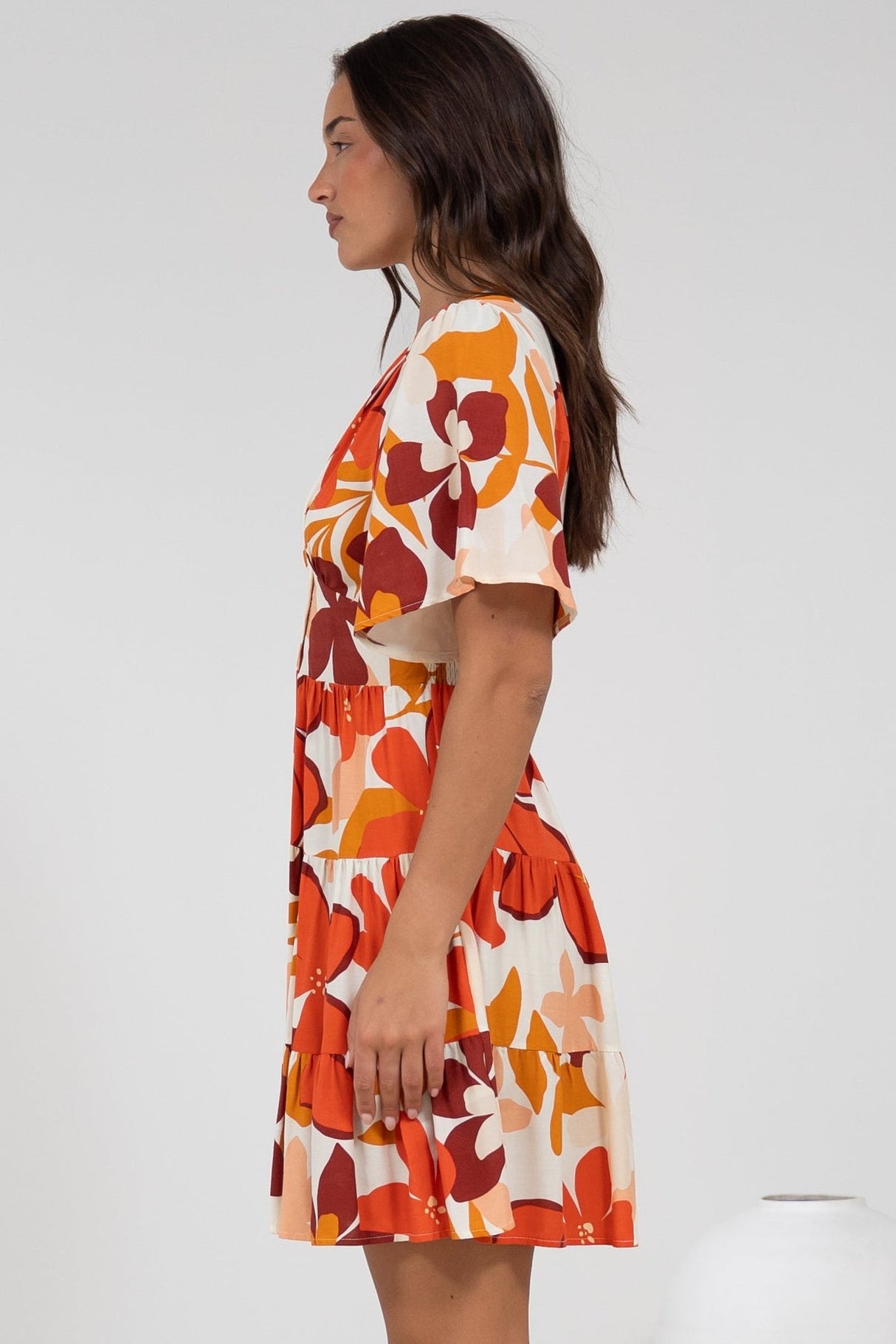 Sana Mini Dress - Bell Sleeve Button Down V Neck Dress in Tangie Print