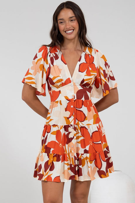 Sana Mini Dress - Bell Sleeve Button Down V Neck Dress in Tangie Print
