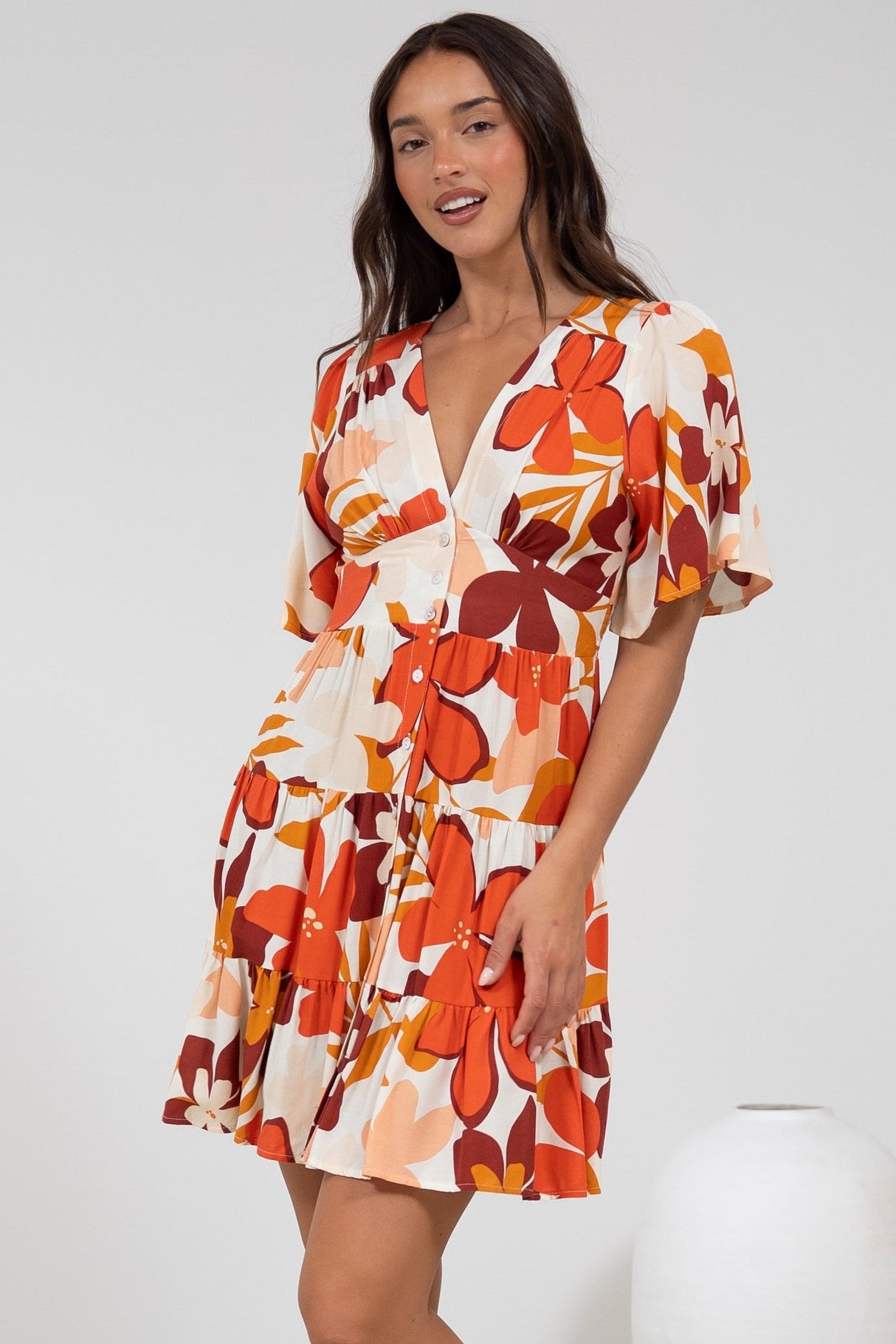 Sana Mini Dress - Bell Sleeve Button Down V Neck Dress in Tangie Print