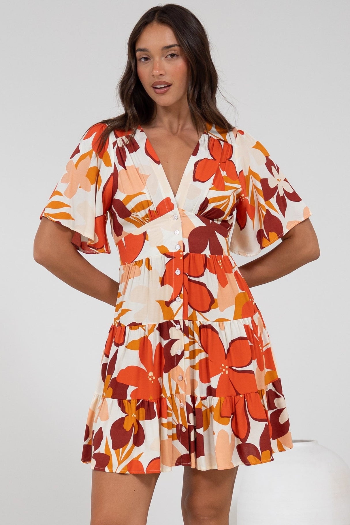 Sana Mini Dress - Bell Sleeve Button Down V Neck Dress in Tangie Print