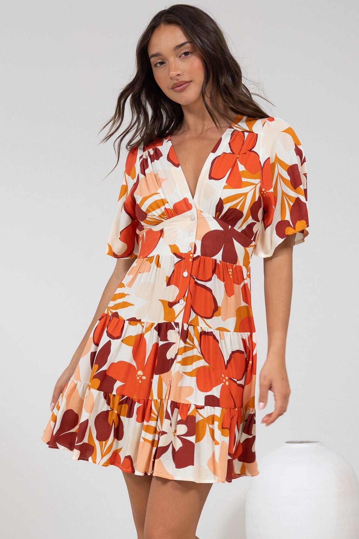 Sana Mini Dress - Bell Sleeve Button Down V Neck Dress in Tangie Print