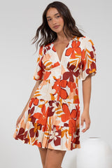 Sana Mini Dress - Bell Sleeve Button Down V Neck Dress in Tangie Print