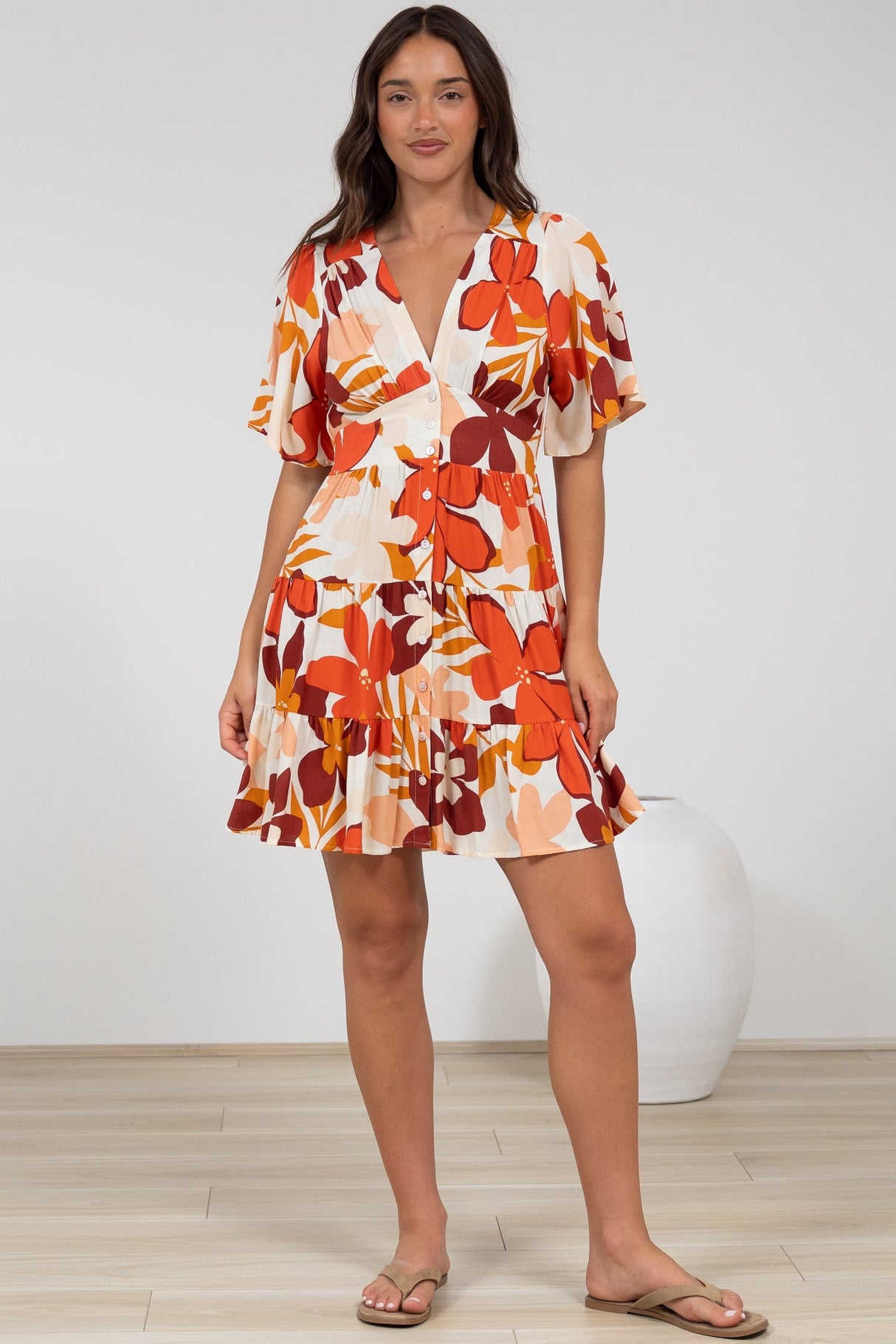 Sana Mini Dress - Bell Sleeve Button Down V Neck Dress in Tangie Print