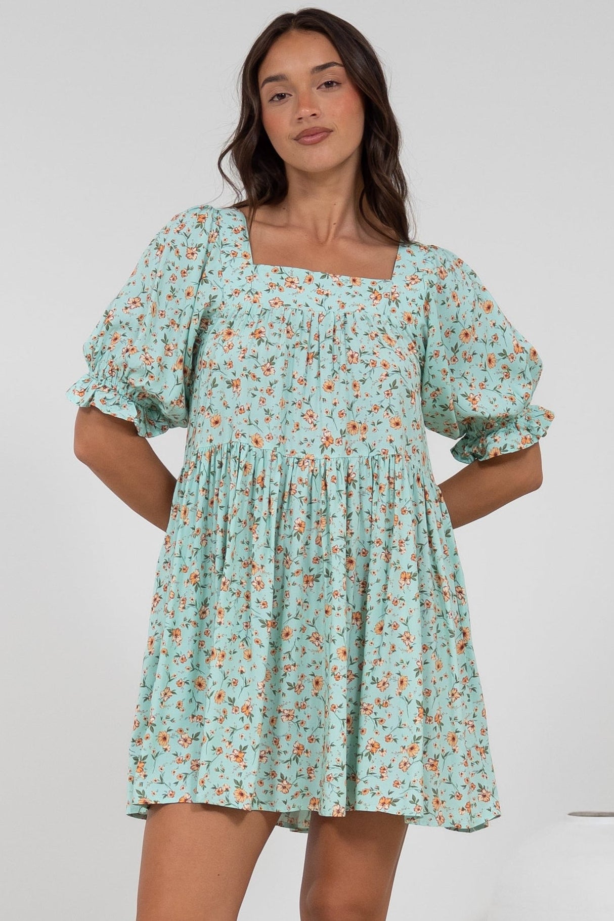 Nola Mini Dress - Square Neckline Babydoll Dress in Minty Print