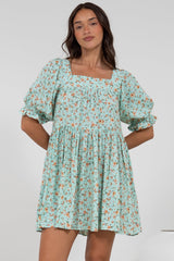 Nola Mini Dress - Square Neckline Babydoll Dress in Minty Print