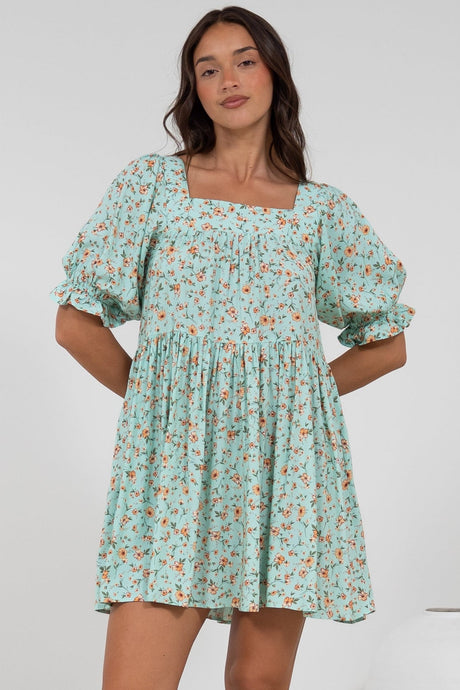 Nola Mini Dress - Square Neckline Babydoll Dress in Minty Print